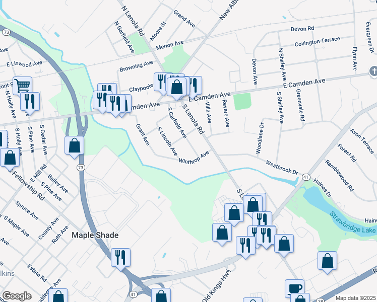 map of restaurants, bars, coffee shops, grocery stores, and more near 123 Winthrop Avenue in Moorestown