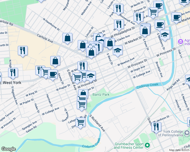 map of restaurants, bars, coffee shops, grocery stores, and more near 740 West Poplar Street in York