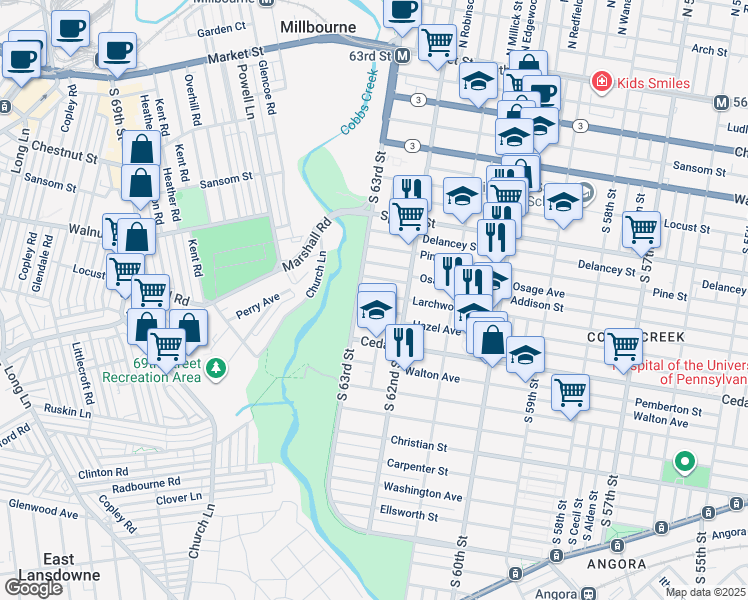 map of restaurants, bars, coffee shops, grocery stores, and more near 6246 Larchwood Avenue in Philadelphia