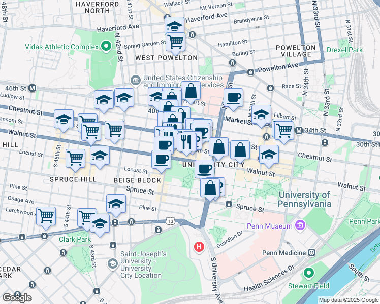 map of restaurants, bars, coffee shops, grocery stores, and more near 3914 Sansom Street in Philadelphia