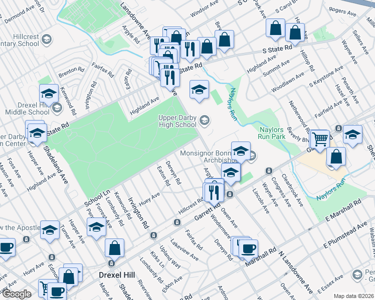 map of restaurants, bars, coffee shops, grocery stores, and more near 522 Brookfield Road in Drexel Hill