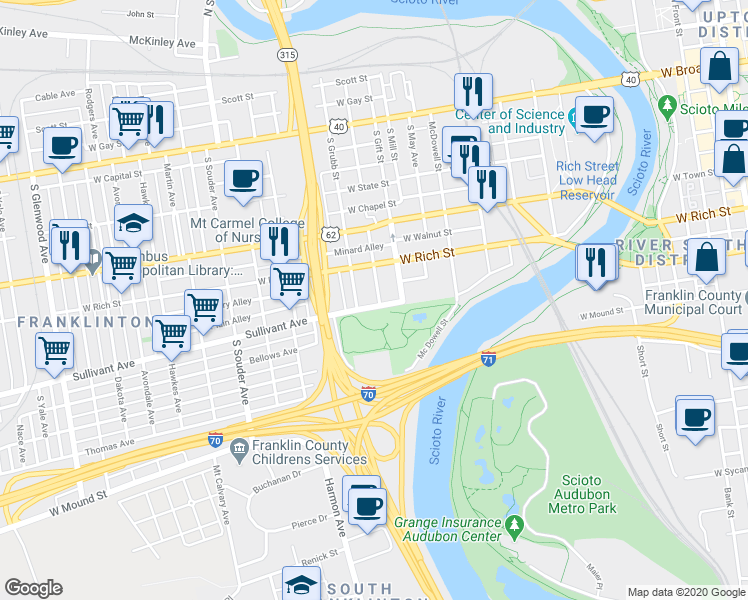 map of restaurants, bars, coffee shops, grocery stores, and more near 281 South Skidmore Street in Columbus