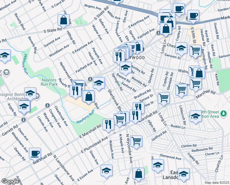 map of restaurants, bars, coffee shops, grocery stores, and more near 262 Margate Road in Delaware County