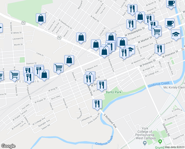 map of restaurants, bars, coffee shops, grocery stores, and more near 912 West King Street in York