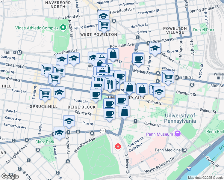map of restaurants, bars, coffee shops, grocery stores, and more near 3916 Sansom Street in Philadelphia