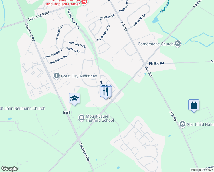 map of restaurants, bars, coffee shops, grocery stores, and more near 1908B Ralston Drive in Mount Laurel Township