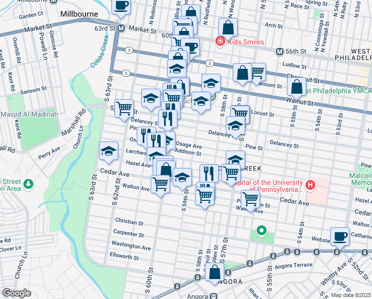 map of restaurants, bars, coffee shops, grocery stores, and more near 5921 Addison Street in Philadelphia