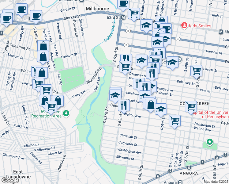 map of restaurants, bars, coffee shops, grocery stores, and more near 6246 Larchwood Avenue in Philadelphia