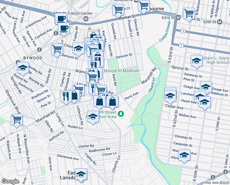 map of restaurants, bars, coffee shops, grocery stores, and more near 400 Kent Road in Delaware County