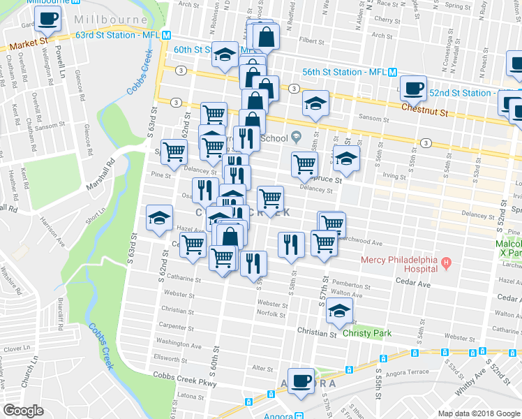 map of restaurants, bars, coffee shops, grocery stores, and more near 5921 Addison Street in Philadelphia