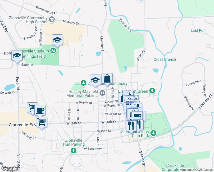 map of restaurants, bars, coffee shops, grocery stores, and more near 315 North 5th Street in Zionsville