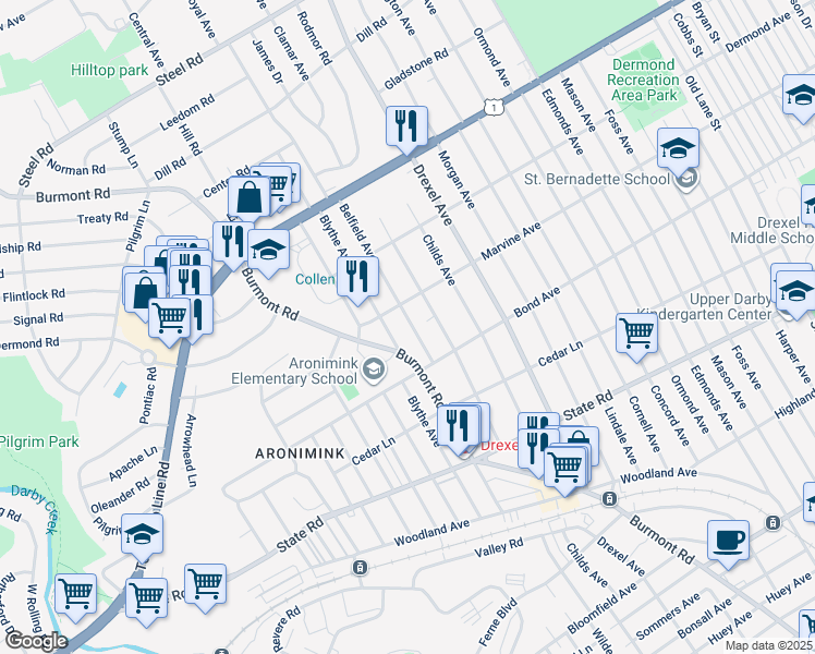 map of restaurants, bars, coffee shops, grocery stores, and more near 1032 Belfield Avenue in Drexel Hill