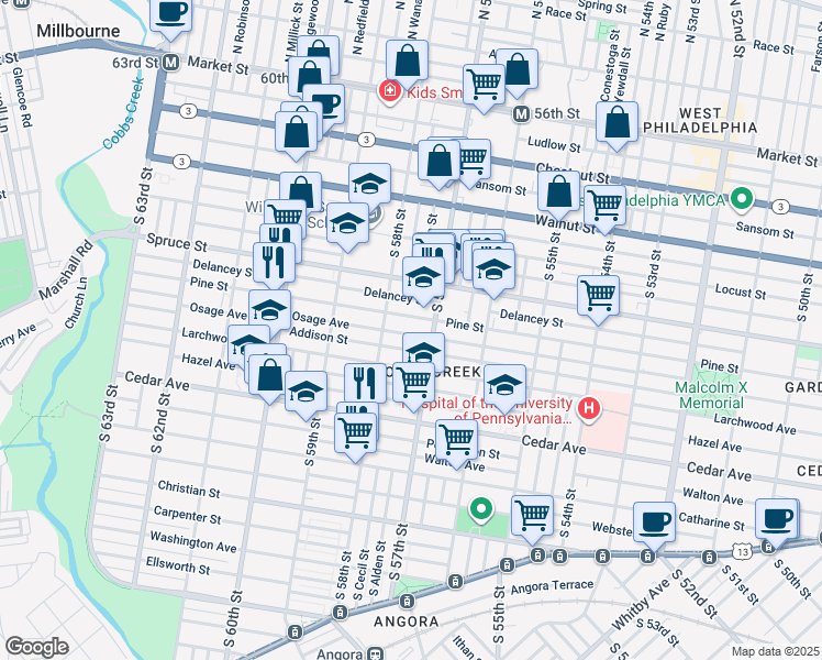 map of restaurants, bars, coffee shops, grocery stores, and more near 5727 Osage Avenue in Philadelphia