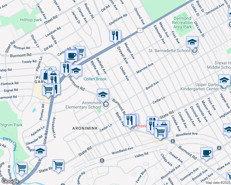 map of restaurants, bars, coffee shops, grocery stores, and more near 1032 Belfield Avenue in Drexel Hill