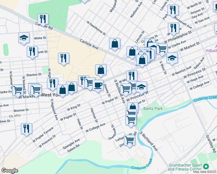 map of restaurants, bars, coffee shops, grocery stores, and more near 31 Dewey Street in West York