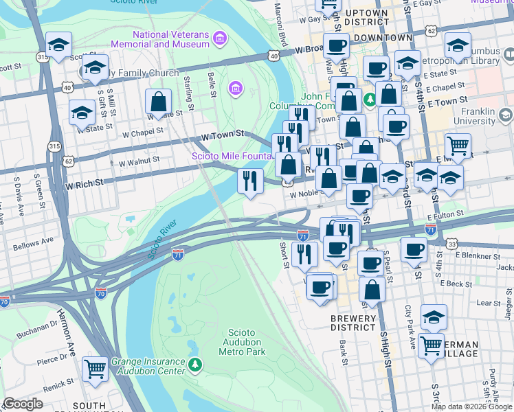 map of restaurants, bars, coffee shops, grocery stores, and more near 2 Miranova Place in Columbus