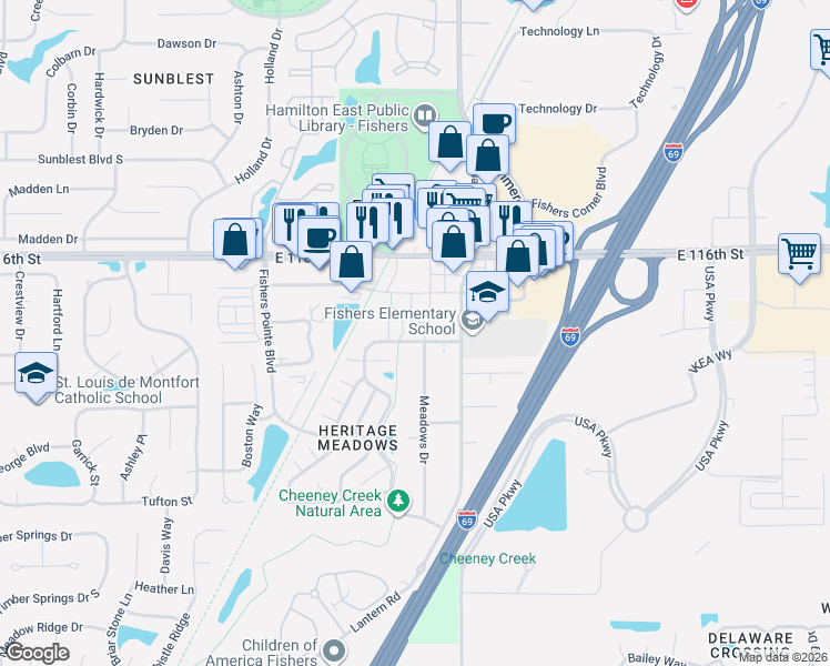 map of restaurants, bars, coffee shops, grocery stores, and more near 8686 Morgan Drive in Fishers