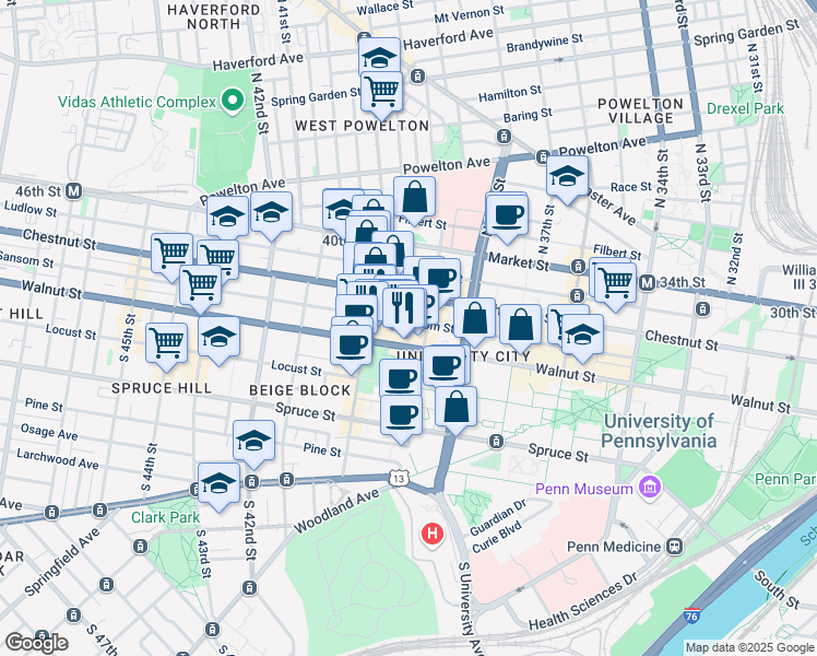 map of restaurants, bars, coffee shops, grocery stores, and more near 3920 Sansom Street in Philadelphia