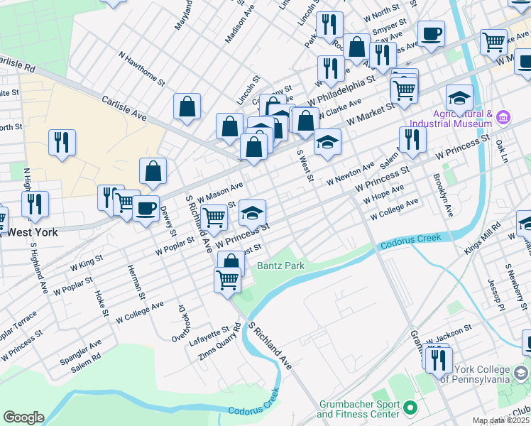 map of restaurants, bars, coffee shops, grocery stores, and more near 736 West Poplar Street in York