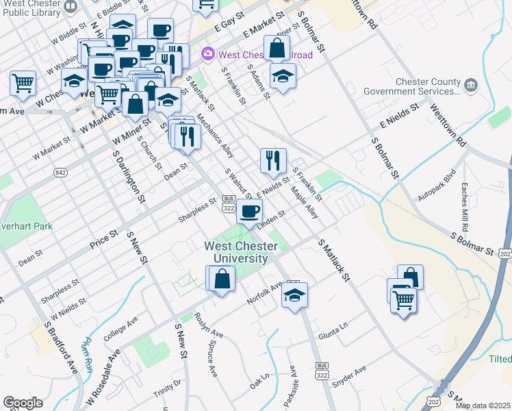 map of restaurants, bars, coffee shops, grocery stores, and more near 100 Willow Alley in West Chester