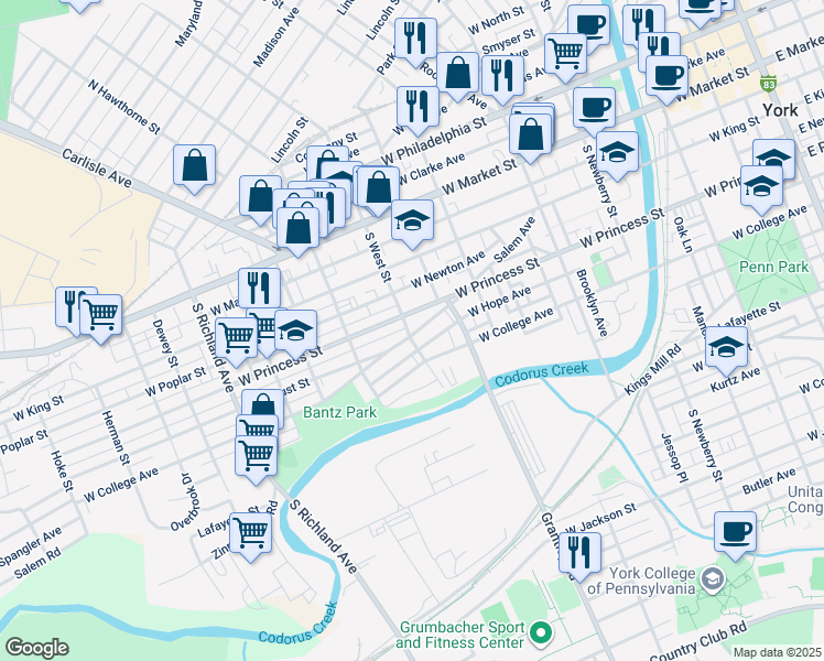 map of restaurants, bars, coffee shops, grocery stores, and more near 217 South West Street in York