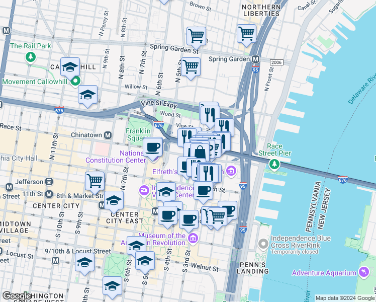 map of restaurants, bars, coffee shops, grocery stores, and more near 209 North 4th Street in Philadelphia