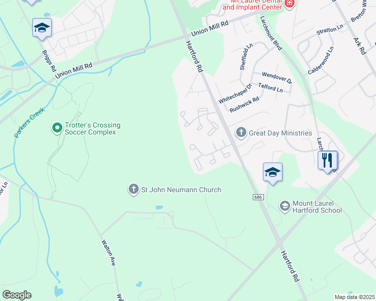 map of restaurants, bars, coffee shops, grocery stores, and more near 388 Inverness Court in Mount Laurel Township