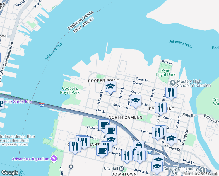 map of restaurants, bars, coffee shops, grocery stores, and more near 811 1/2 North 2nd Street in Camden