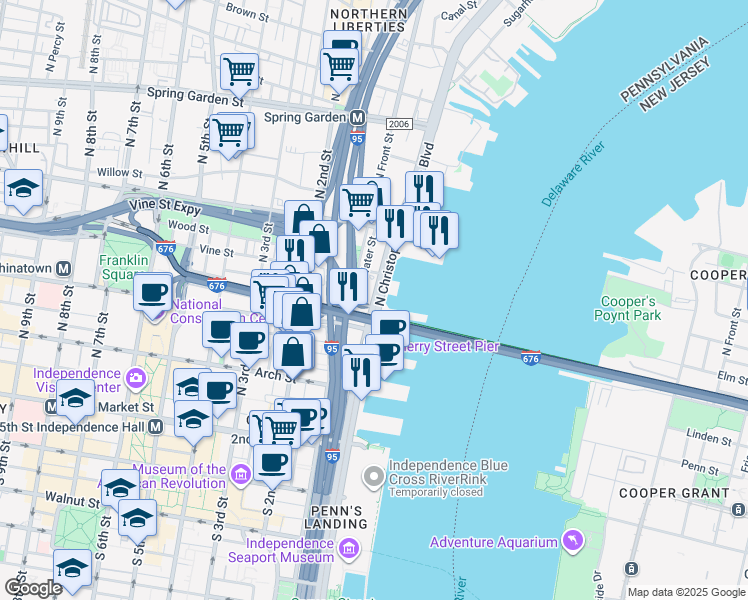 map of restaurants, bars, coffee shops, grocery stores, and more near 235 North Christopher Columbus Boulevard in Philadelphia