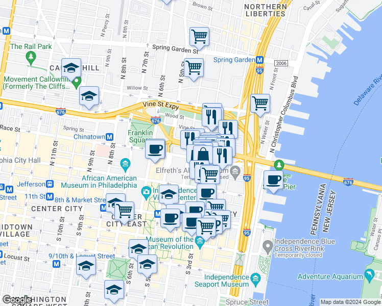map of restaurants, bars, coffee shops, grocery stores, and more near 312 Race Street in Philadelphia