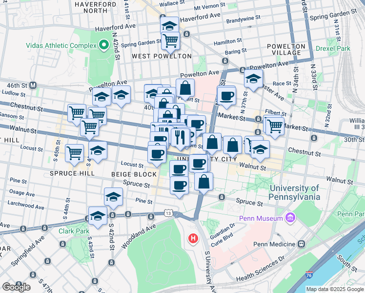 map of restaurants, bars, coffee shops, grocery stores, and more near 3920 Sansom Street in Philadelphia