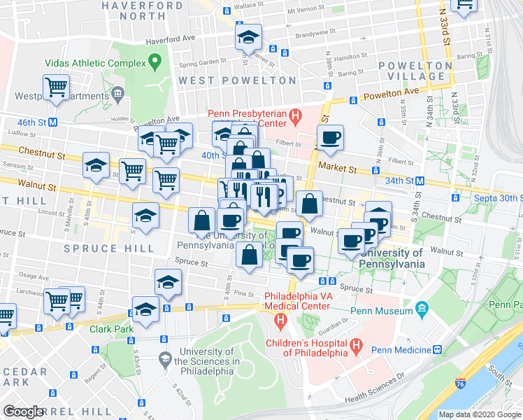 map of restaurants, bars, coffee shops, grocery stores, and more near 3925 Walnut Street in Philadelphia