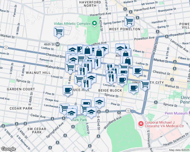 map of restaurants, bars, coffee shops, grocery stores, and more near 206 South 42nd Street in Philadelphia