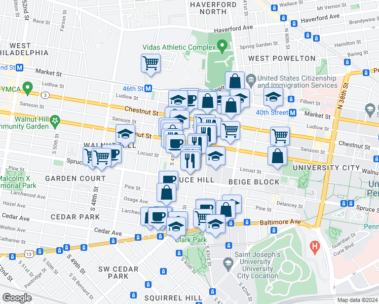 map of restaurants, bars, coffee shops, grocery stores, and more near in Philadelphia