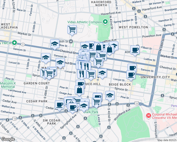 map of restaurants, bars, coffee shops, grocery stores, and more near 4426 Locust Street in Philadelphia