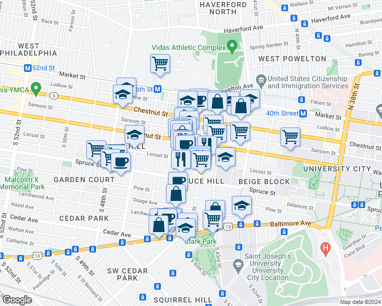 map of restaurants, bars, coffee shops, grocery stores, and more near 4426 Locust Street in Philadelphia