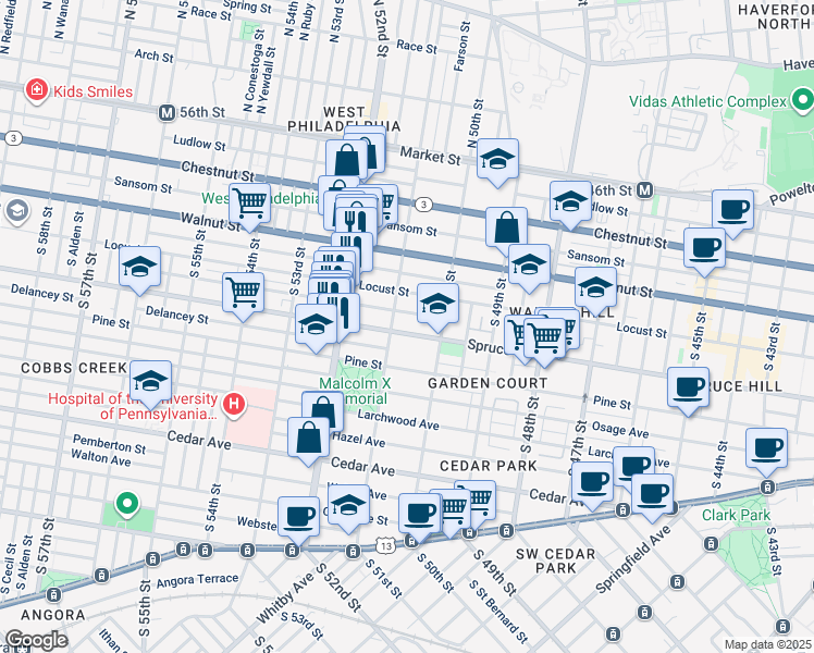 map of restaurants, bars, coffee shops, grocery stores, and more near 5036 Spruce Street in Philadelphia