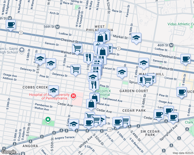 map of restaurants, bars, coffee shops, grocery stores, and more near 318 South 52nd Street in Philadelphia
