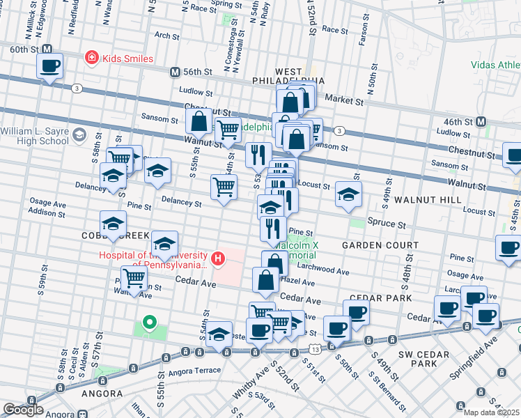 map of restaurants, bars, coffee shops, grocery stores, and more near 327 South 53rd Street in Philadelphia