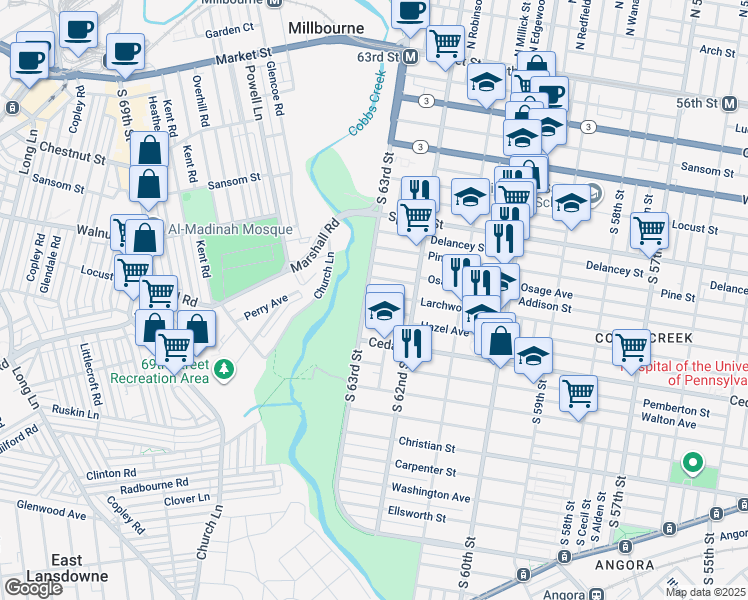 map of restaurants, bars, coffee shops, grocery stores, and more near 6230 Hazel Avenue in Philadelphia