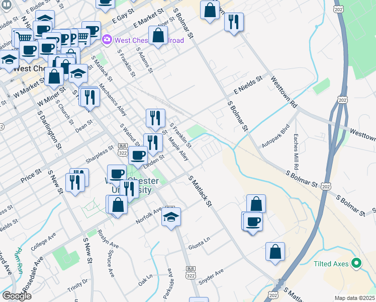 map of restaurants, bars, coffee shops, grocery stores, and more near 737 South Matlack Street in West Chester