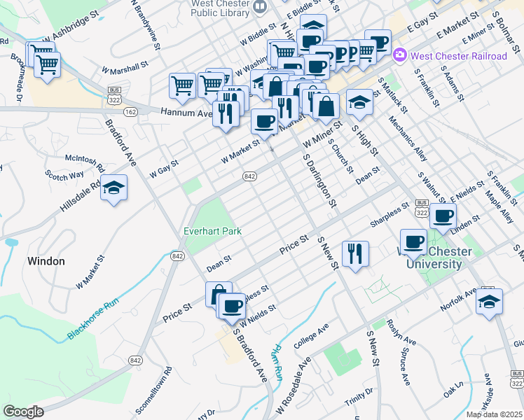 map of restaurants, bars, coffee shops, grocery stores, and more near 410 West Union Street in West Chester