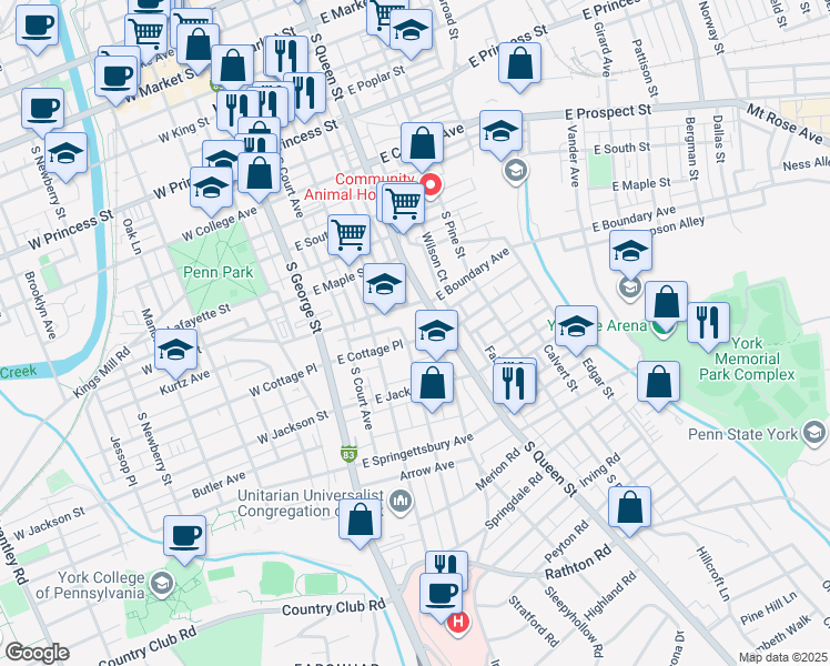 map of restaurants, bars, coffee shops, grocery stores, and more near 120 East Cottage Place in York