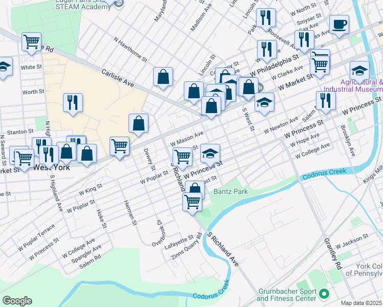 map of restaurants, bars, coffee shops, grocery stores, and more near 915 West Poplar Street in York