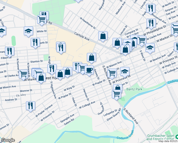 map of restaurants, bars, coffee shops, grocery stores, and more near 25 Overbrook Avenue in West York