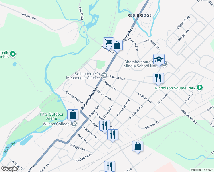 map of restaurants, bars, coffee shops, grocery stores, and more near 1640 Edgar Avenue in Chambersburg
