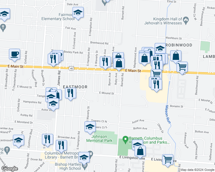 map of restaurants, bars, coffee shops, grocery stores, and more near 881 Byron Avenue in Columbus