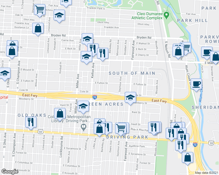 map of restaurants, bars, coffee shops, grocery stores, and more near 626 Berkeley Road in Columbus