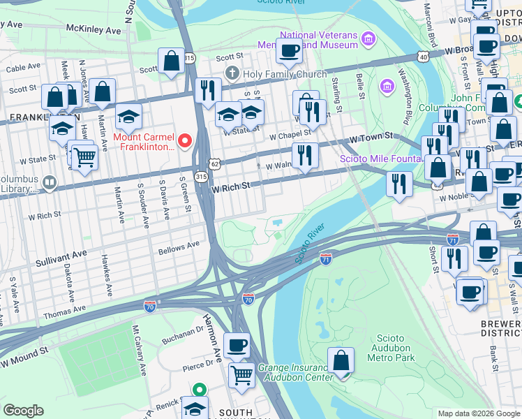 map of restaurants, bars, coffee shops, grocery stores, and more near 545 Sullivant Avenue in Columbus