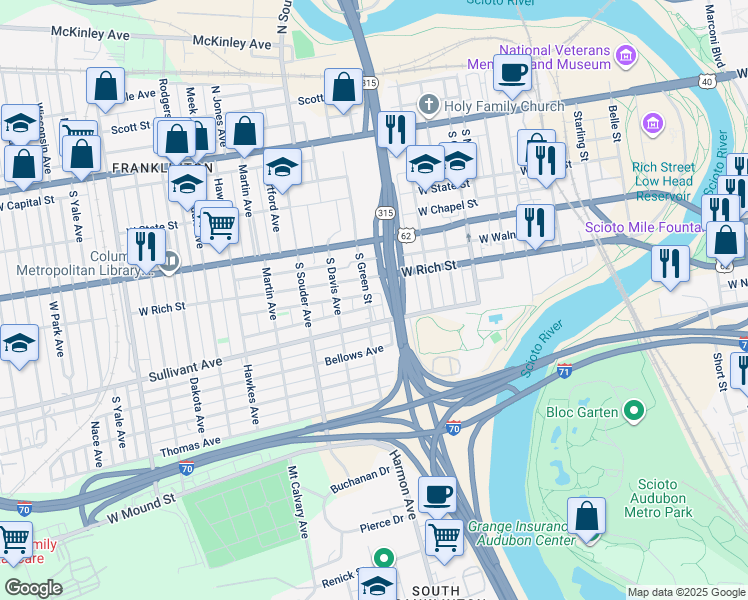 map of restaurants, bars, coffee shops, grocery stores, and more near 726 Sullivant Avenue in Columbus